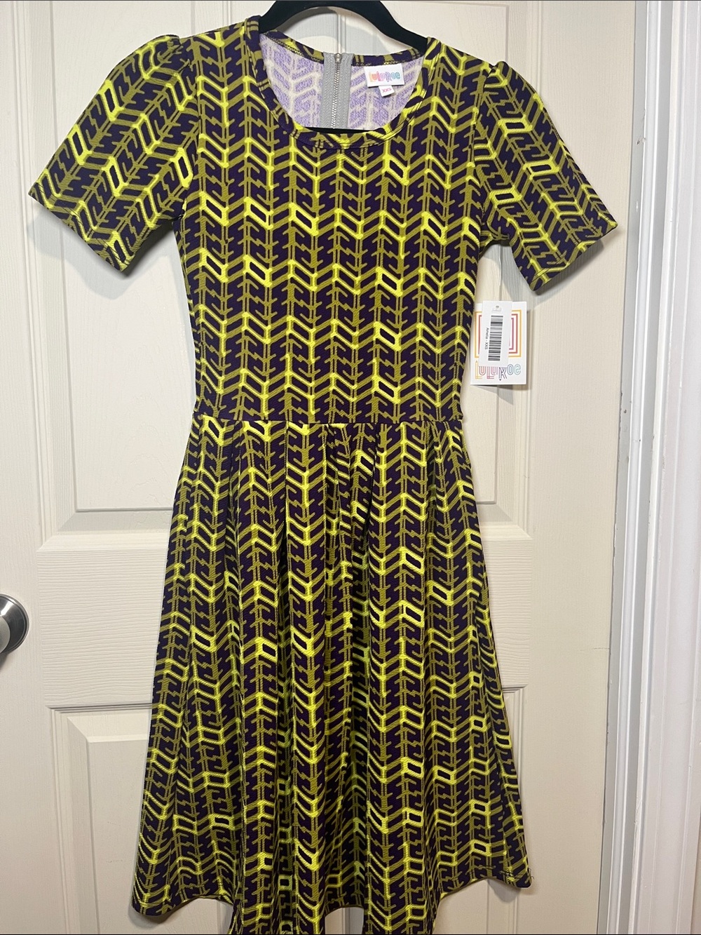 LuLaRoe Short Sleeve A-Line Dress in Yellow and Purple Geometric Print